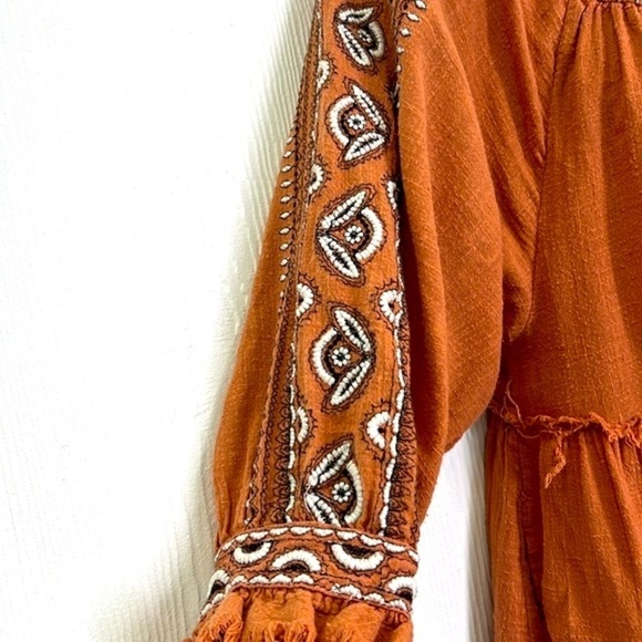 Free People - Dream Weaver Boho Frayed Terracotta 3/4 Sleeve Pocket Blouse Small - Picture 5 of 15